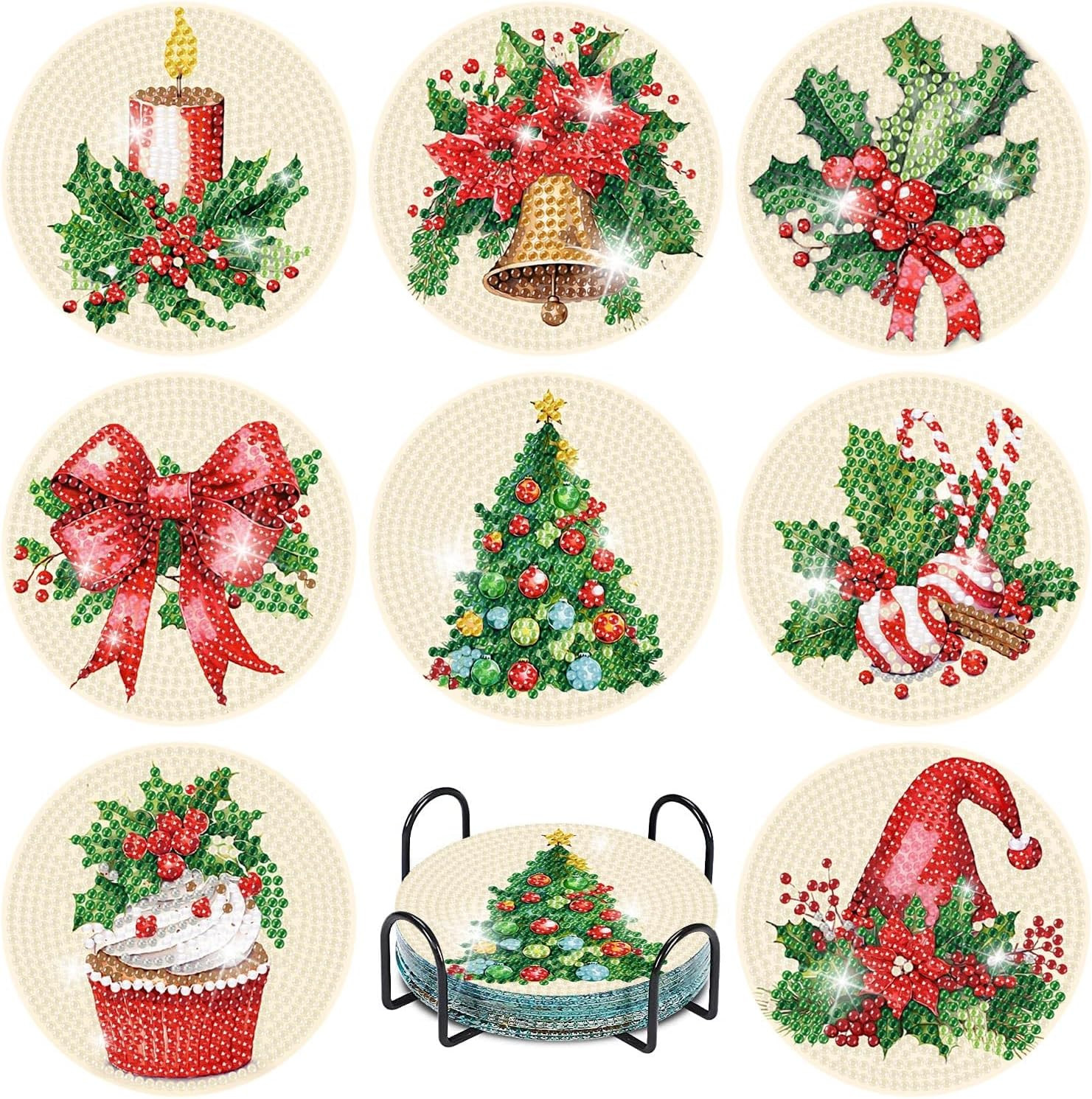 8 Pcs Christmas Diamond Art Coasters Kits with Holder, Chirstmas Bell Candy Cand gallery
