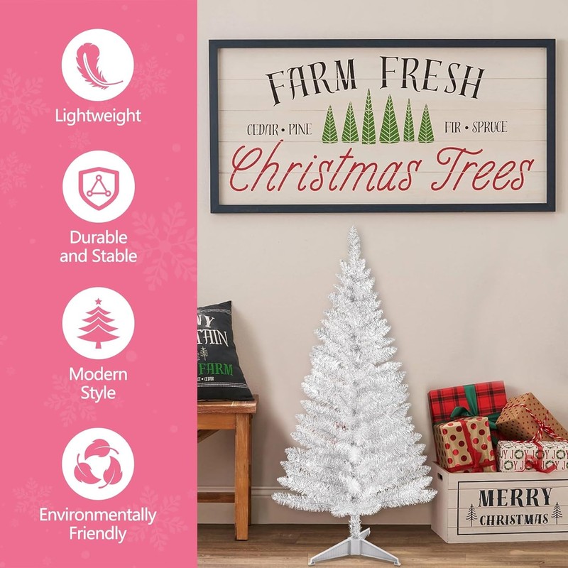4FT Small Artificial Christmas Tree Silver Sequin Leave Vintage Style PartyDecor gallery