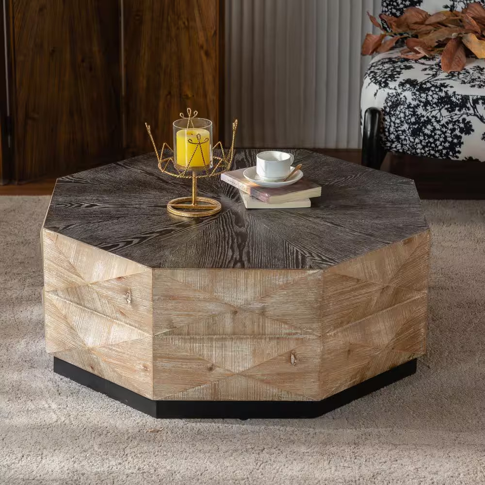 33 In. Brown Octagon Wood Coffee Table-Retro Geometric Wood Center Table with 3D gallery