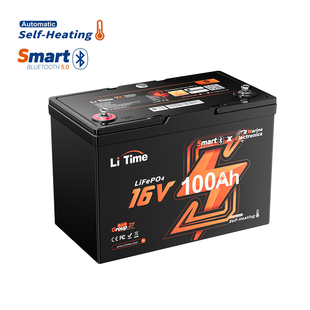 LiTime 16V 100Ah Fish Finder Lithium Battery 1600Wh with Bluetooth, Self-heating gallery