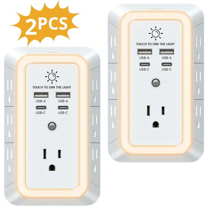 2 Pack Wall Outlet Surge Protector with 7 AC Outlets, 4 USB Ports & Night Light