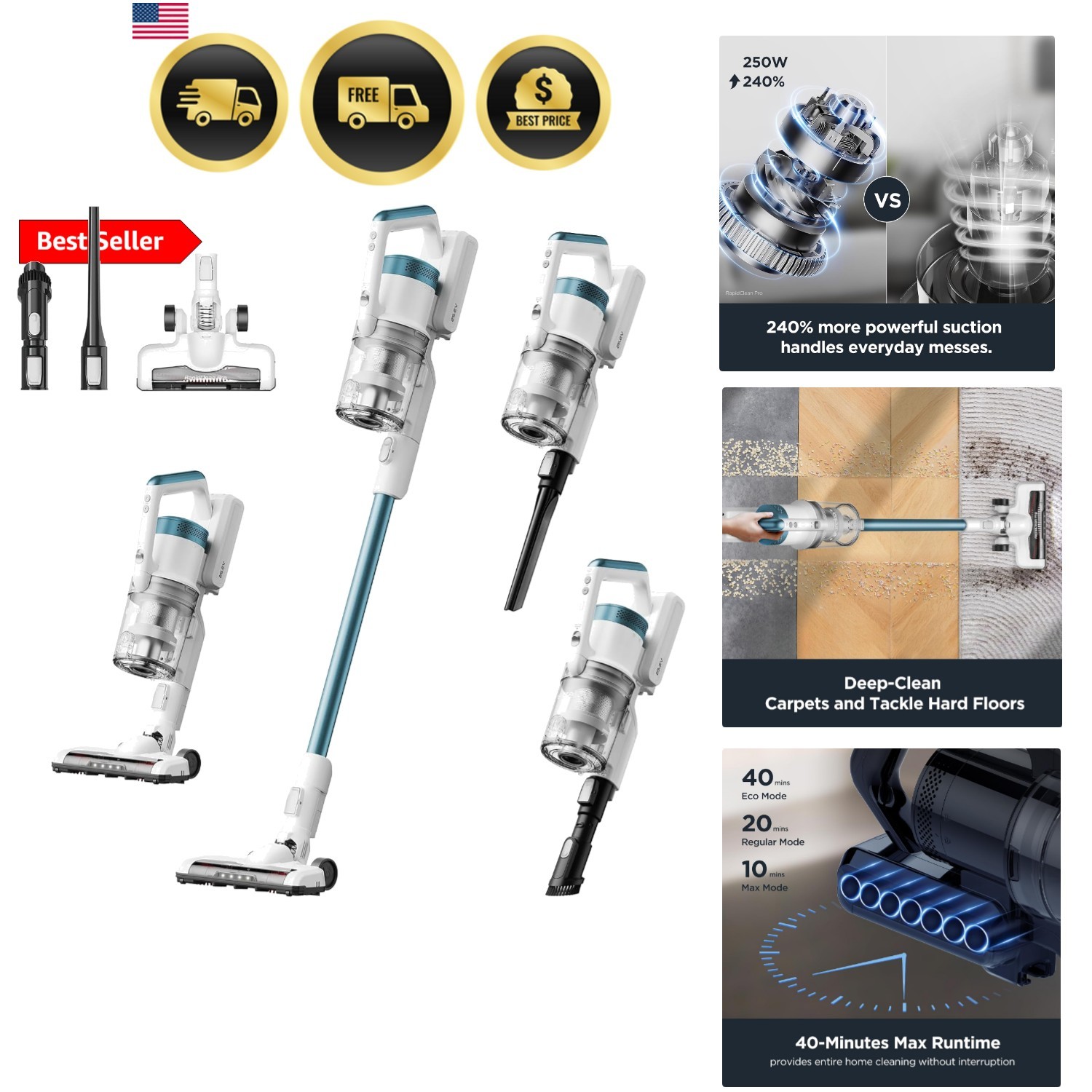 RapidClean Pro Cordless Stick Vacuum Cleaner – Lightweight 5.3 lbs, 40-Min Ru... gallery