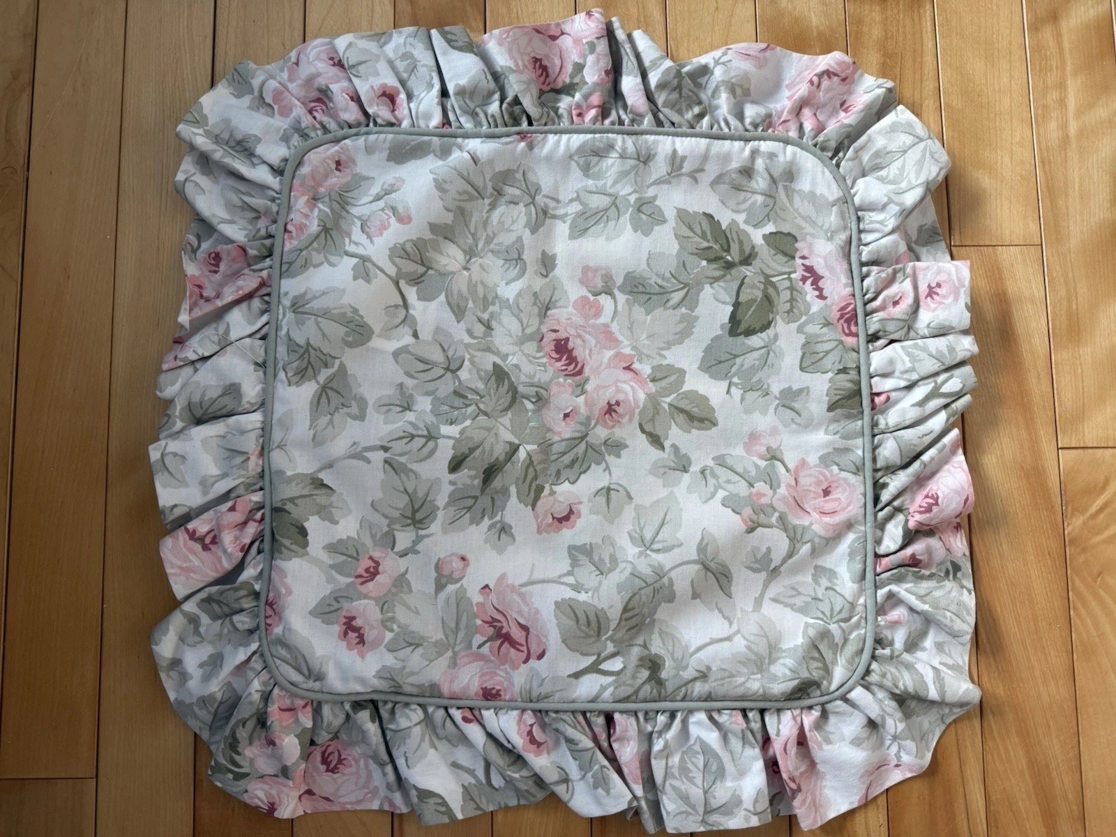 Vintage Laura Ashley Cottage Rose Square Ruffled Pillow Cover Pink Roses Green gallery