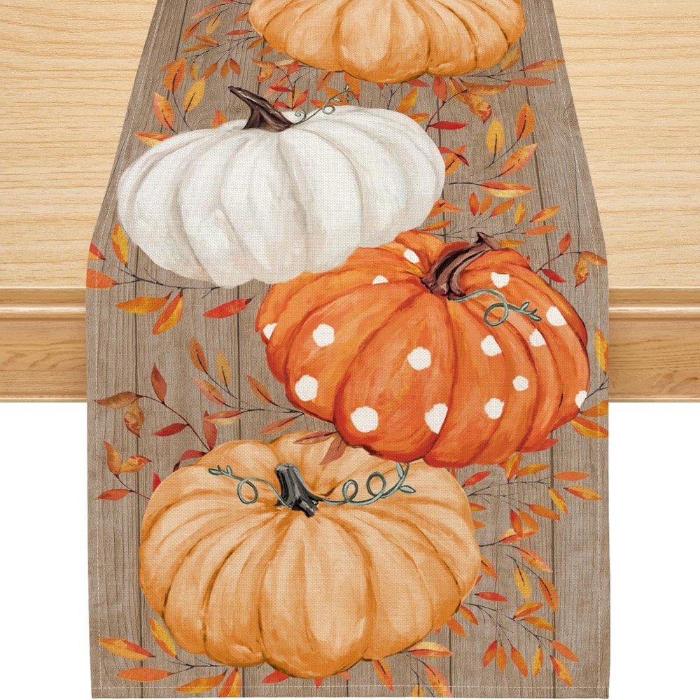 Fall Table Runner Wood Eucalyptus Orange Pumpkin Seasonal Autumn 13x48 Inch