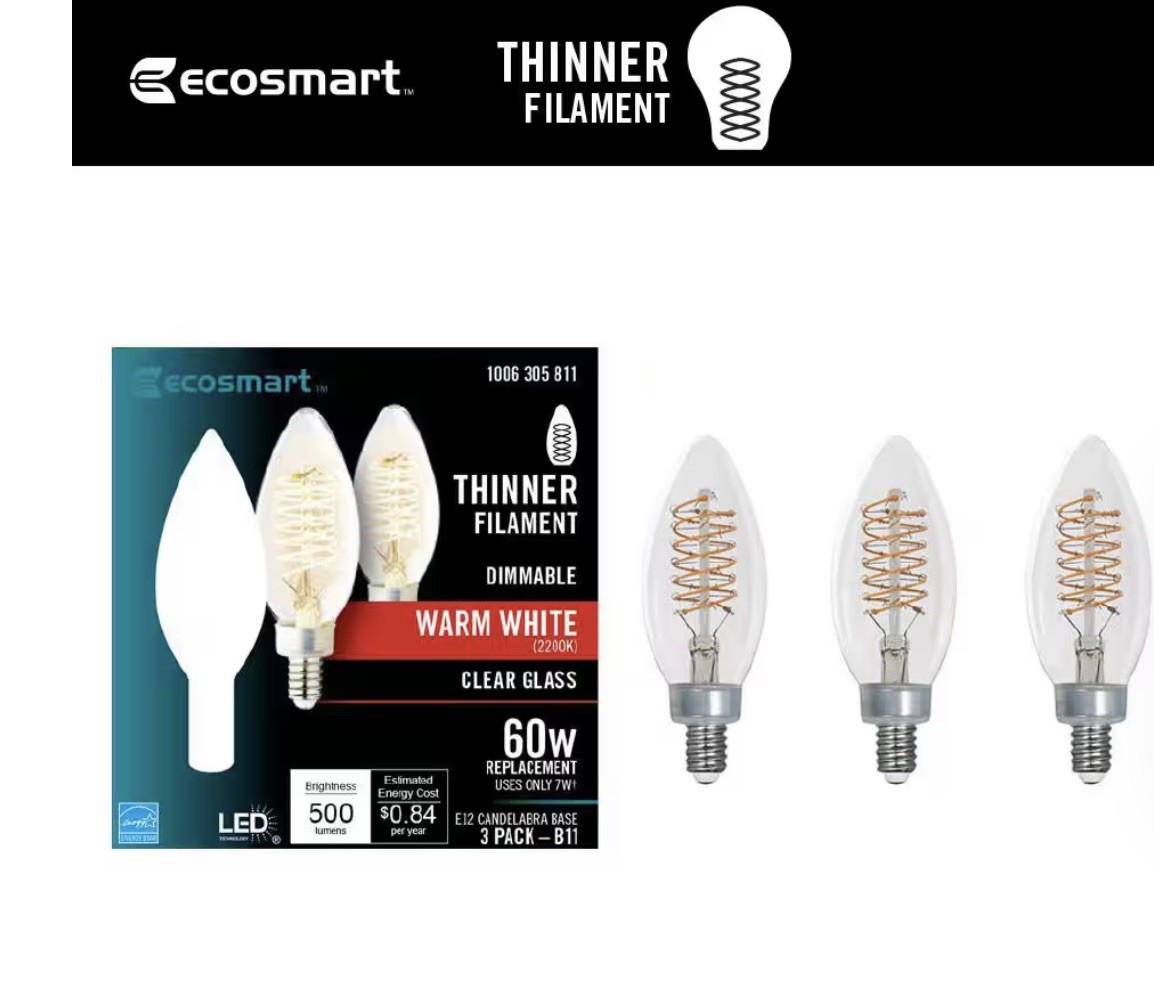 (3-Pk) EcoSmart LED Vintage Edison Light Bulb Warm White 2200K B11 60W gallery