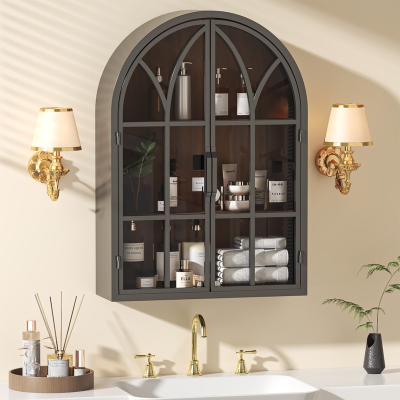 Fully Assembled Floating Storage Cabinet Arched Wall Display Cabinet Glass Door gallery
