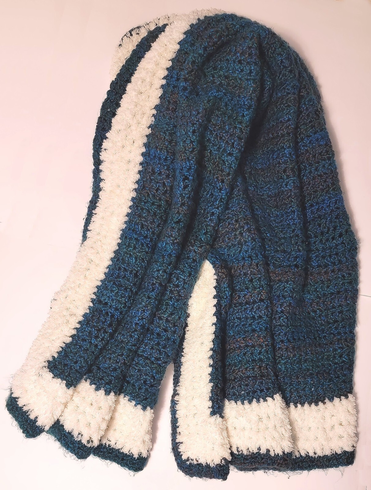 Handmade Blues & White Loose Crochet Blanket Throw Afghan 66"x62" Warm & Cozy gallery