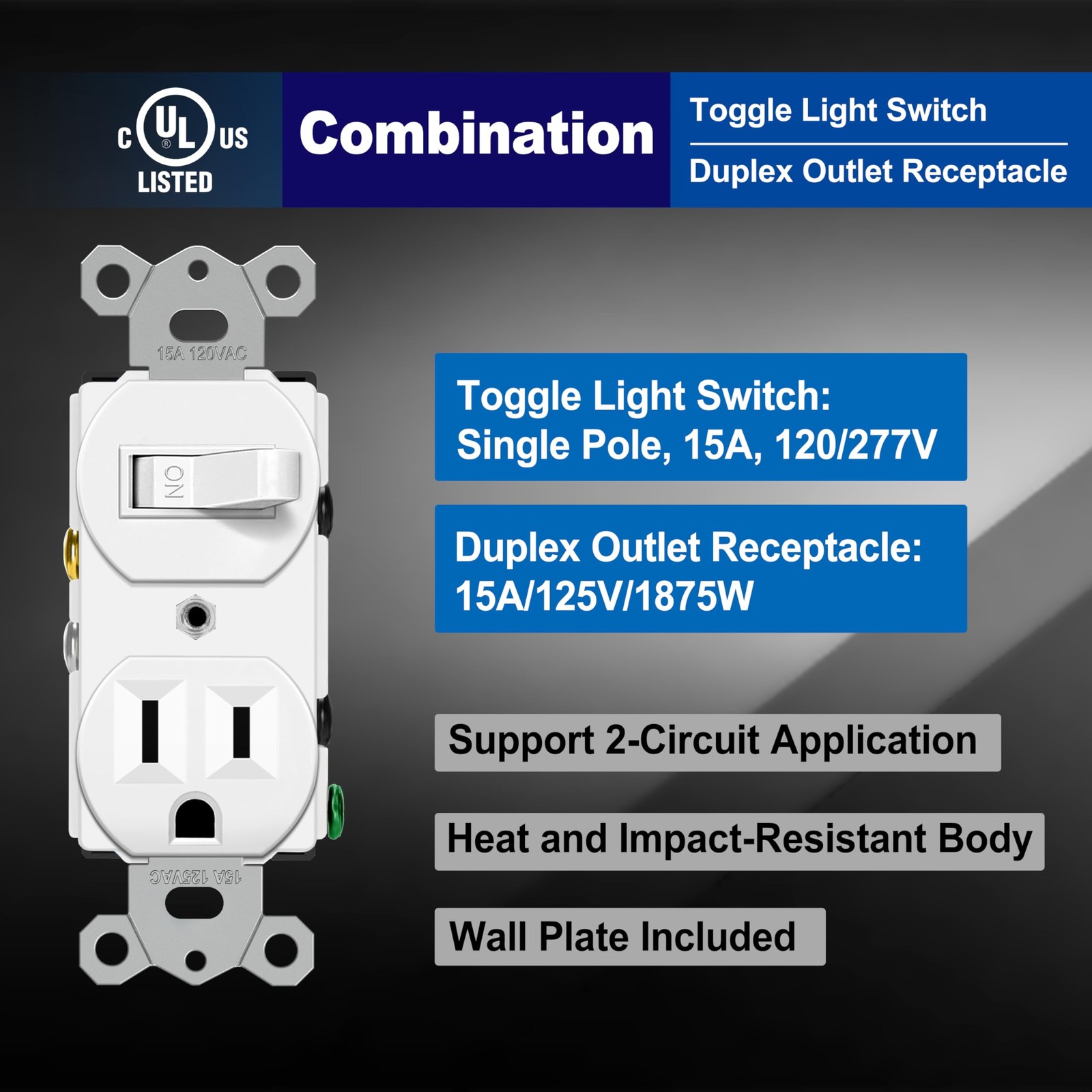 2 Pack Combination Toggle Light Switch and Duplex Receptacle Outlet Single Pole gallery