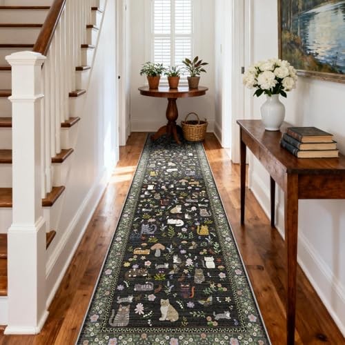 Washable Hallway Runner Rug: Non Slip Soft Long Low Pile Animal Cat 2x10 Black gallery