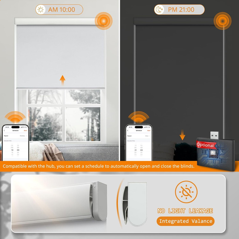Remote-Controlled Cordless Blackout Smart Blinds, 35" W X 72" H, White gallery