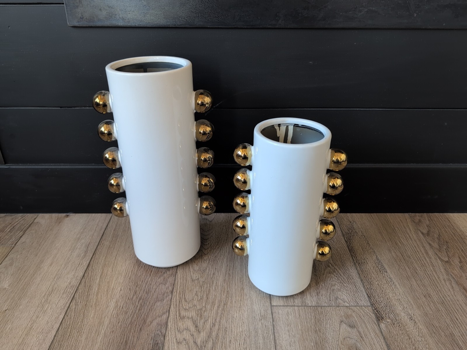 Set Of 2 Ceramic White Cylindrical Decorative Vases With Gold Accents gallery