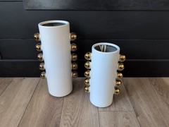 Set Of 2 Ceramic White Cylindrical Decorative Vases With Gold Accents