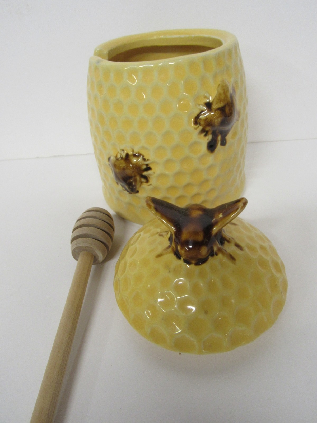 Creative Co-op Ceramic Honey Jar With Bees And Wooden Dipper DA5101 Ships Free gallery