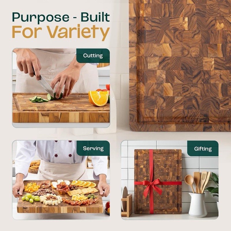 Yes4All 24”x18”x1.5” Extra Large End Grain Teak Cutting Board W/ Juice Groove gallery