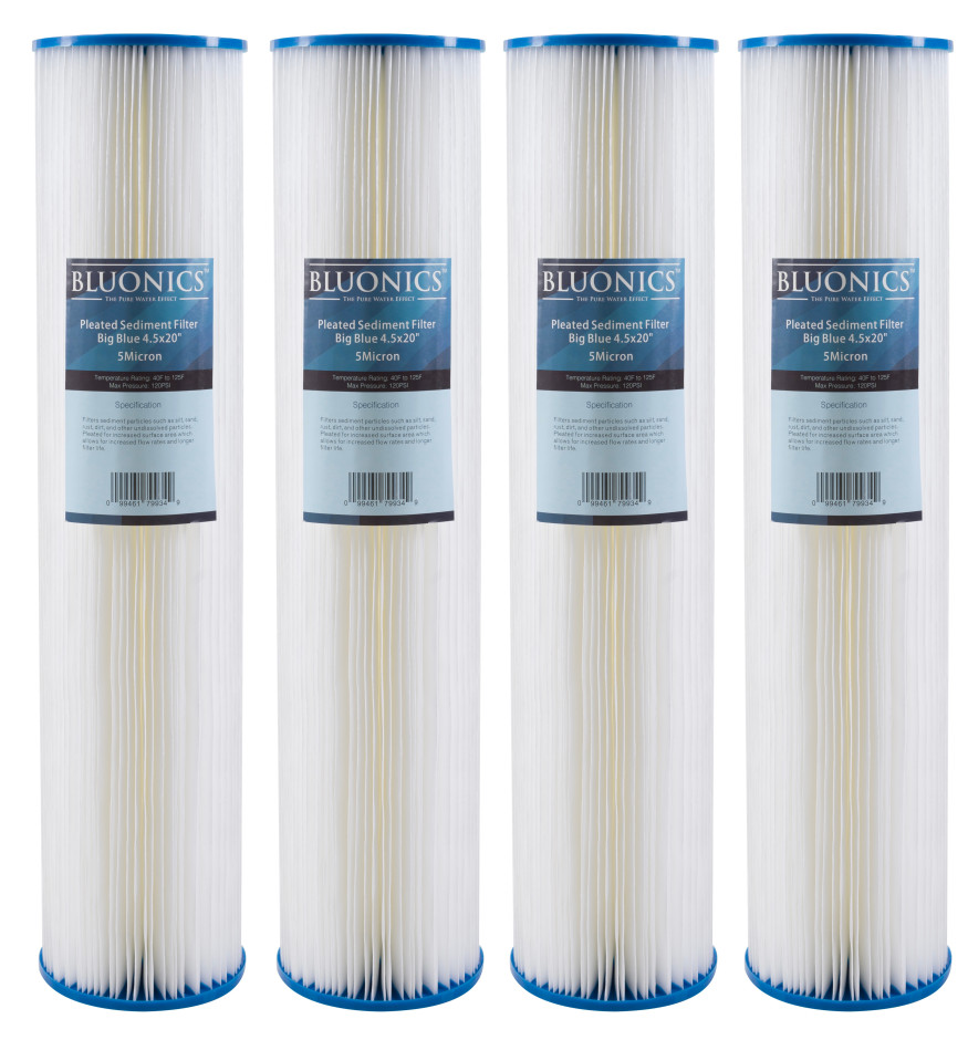 BLUONICS Pleated Sediment Water Filters 4 Washable 4.5 x 20 Cartridges -5 Micron gallery