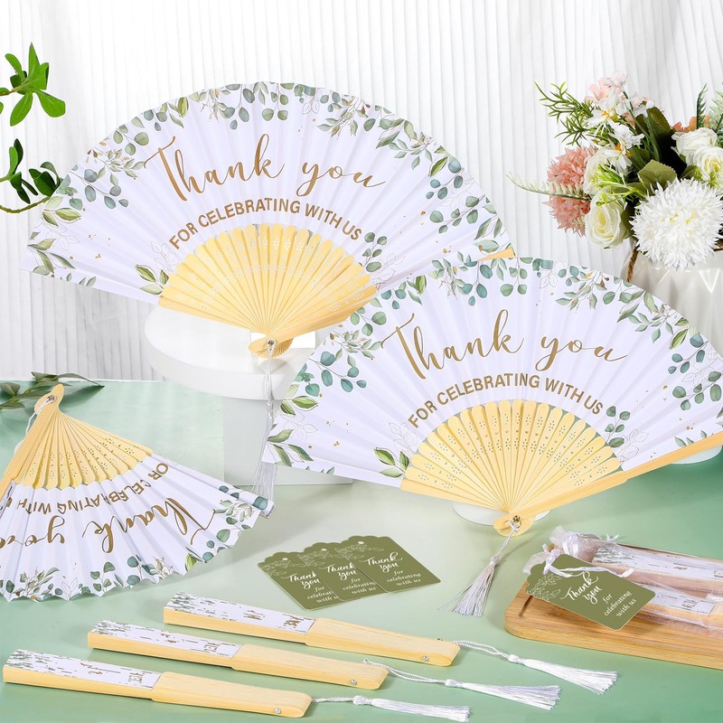 50 Sets Eucalyptus Leaf Wedding Fans for Guests Bulk Greenery Wedding Favors gallery