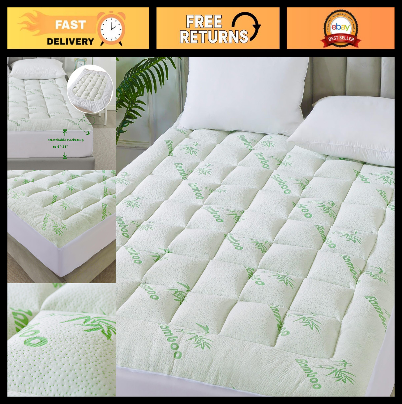 King Size Bamboo Viscose Mattress Topper - Thick Pillow Top, Soft & Breathable f gallery