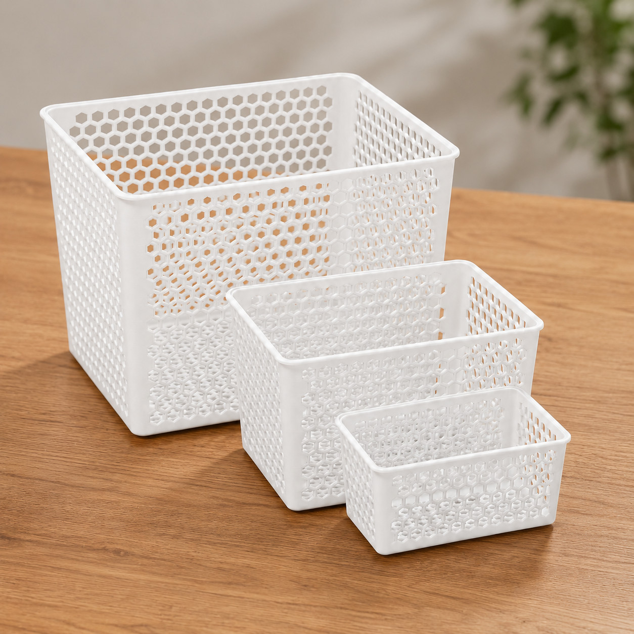 3-Piece Stackable Storage Basket Set – White Honeycomb Design gallery