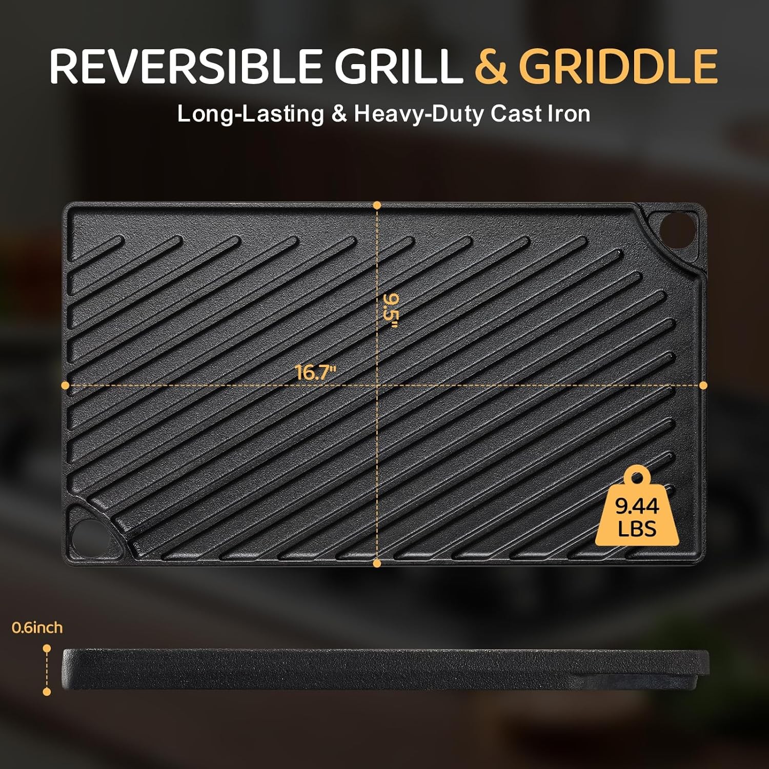 Reversible Grill/Griddle 16.7x9.5'' Pre-Seasoned Cast Iron Griddle Pan Double gallery
