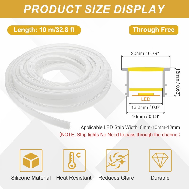 32.8ft/10m LED Diffuser Channel, 16x16mm Silicone LED Channel System gallery