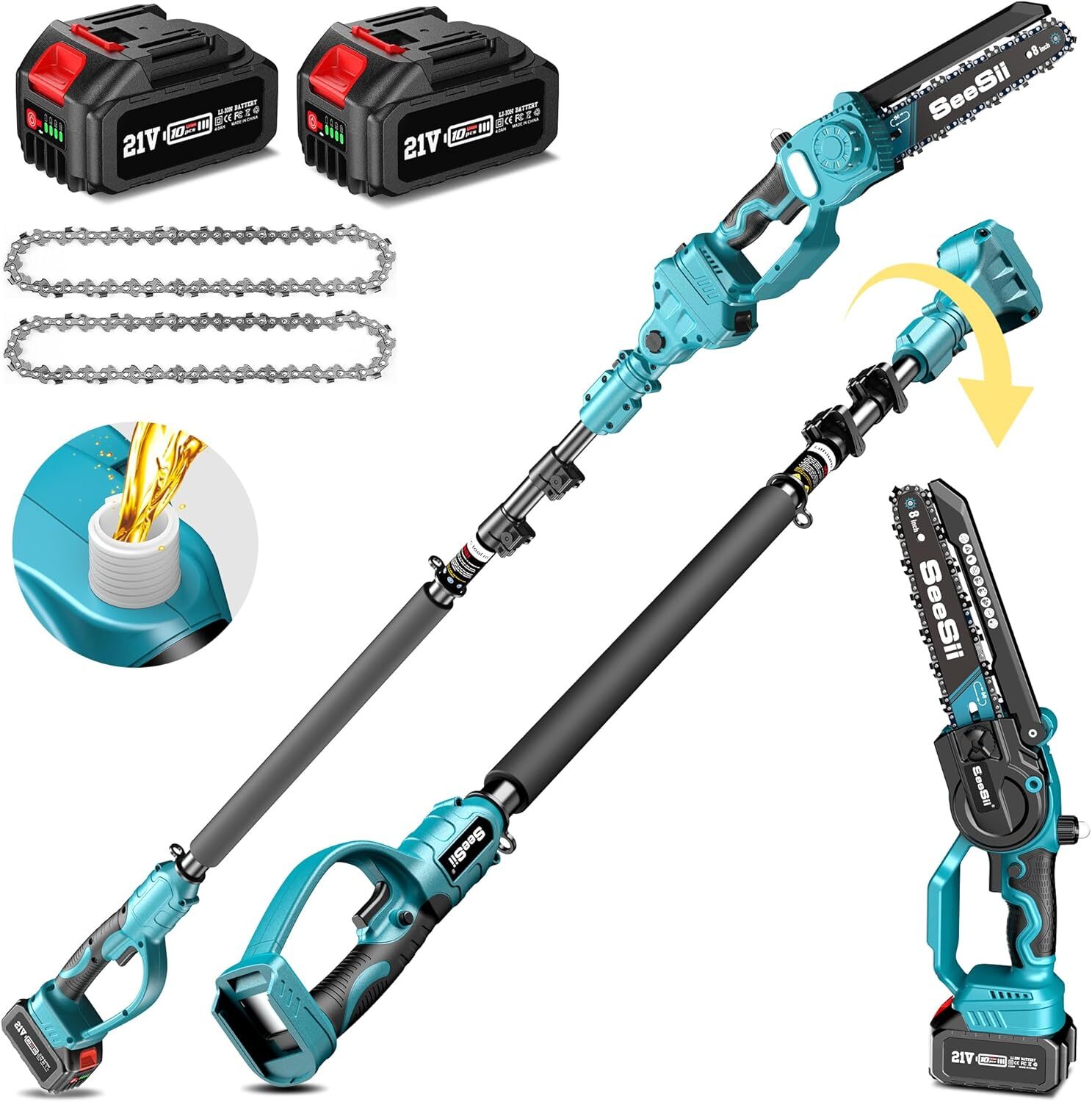 Seesii Cordless Pole Saw 8" Mini Chainsaw 10ft Reach Pole Saw for Trimming 2x4.0 gallery
