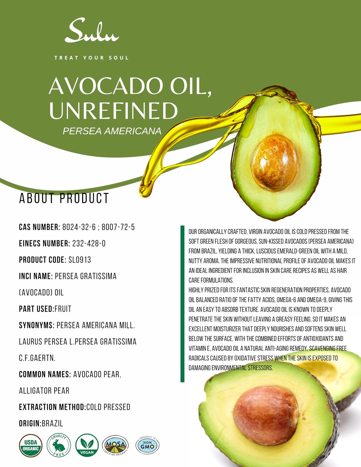 USDA Certified Organic Cold Pressed Unrefined Raw Avocado Oil 16 fl.oz gallery