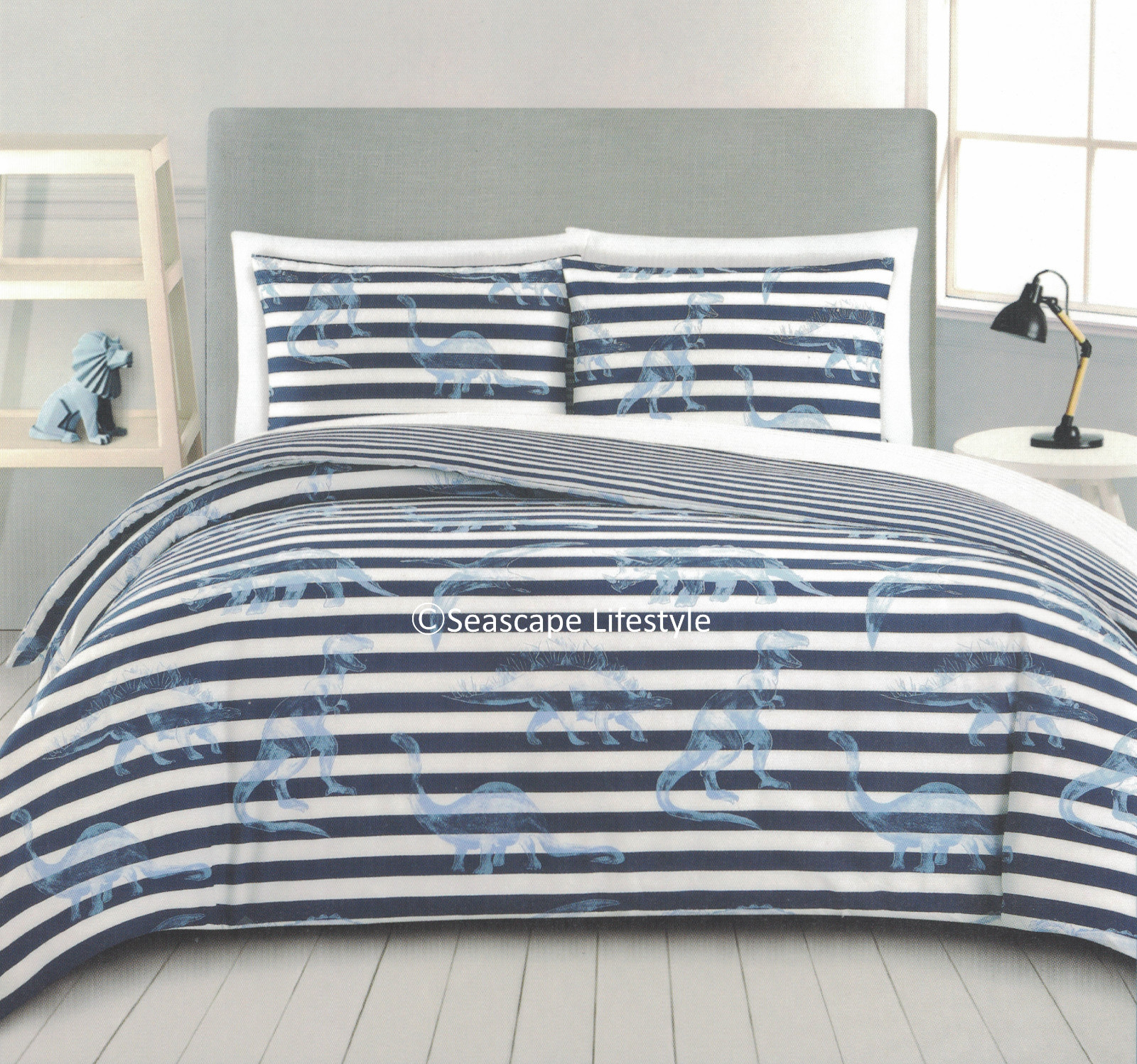 2-pc ☆ AWESOME DINOSAURS ☆ Twin Comforter REVERSIBLE Boy Zone Blue Striped gallery