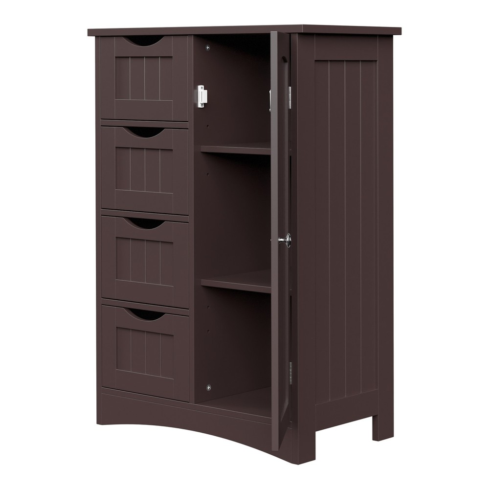 Brown Bathroom Linen Cabinet Floor Storage Cabinet with 1 Cupboard and 4 Drawers