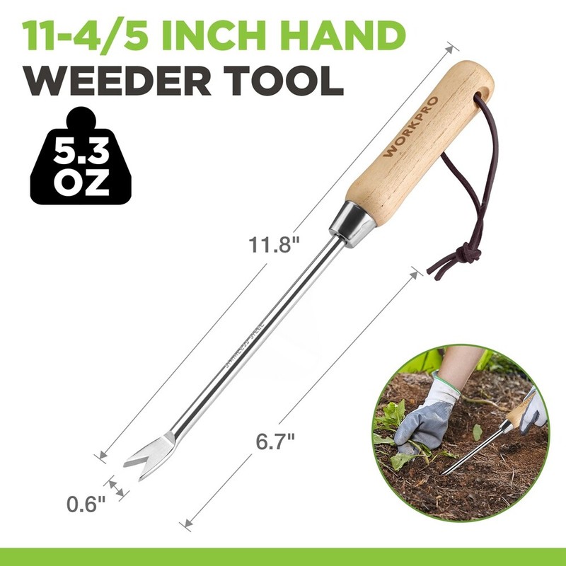 WORKPRO Weeder Puller Tool Wood Handle Weed Remover Tool 2-Pronged Fork Polished gallery