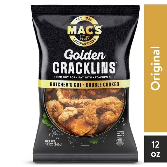 2 Mac's Chicharrones Golden Cracklin Curls, Fried Pork Fat with Skin, 12 oz Bags gallery