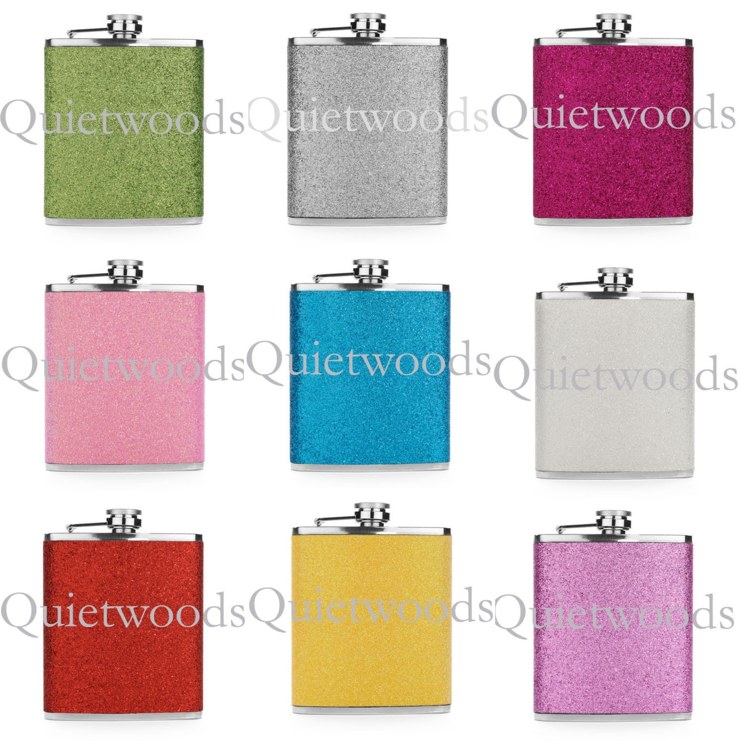 GLITTER BLING HIP FLASK Stainless Steel Blue Green Pink Purple Red Silver Yellow gallery