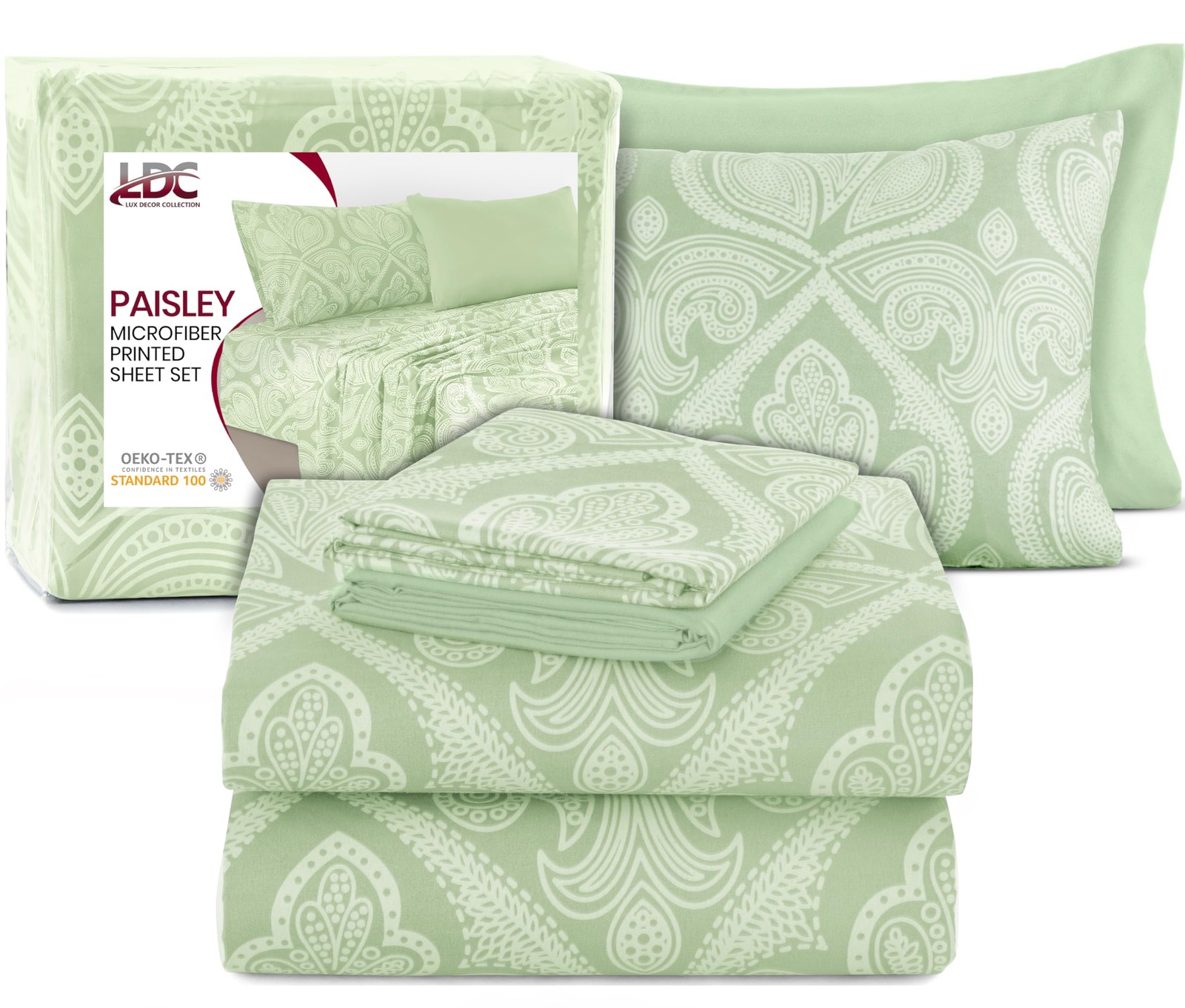 BED SHEETS Pillowcases Microfiber King Paisley Sage 6 Pc LUX DECOR COLLECTION gallery