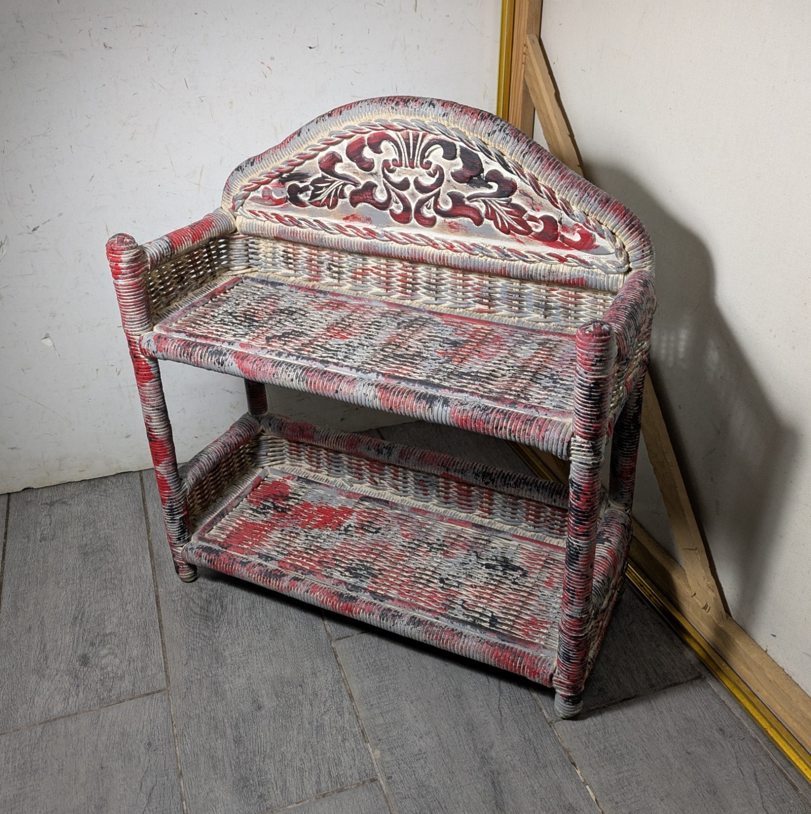 Vintage Retro Boho Chic Painted Wicker Rattan Small Wall Shelf gallery