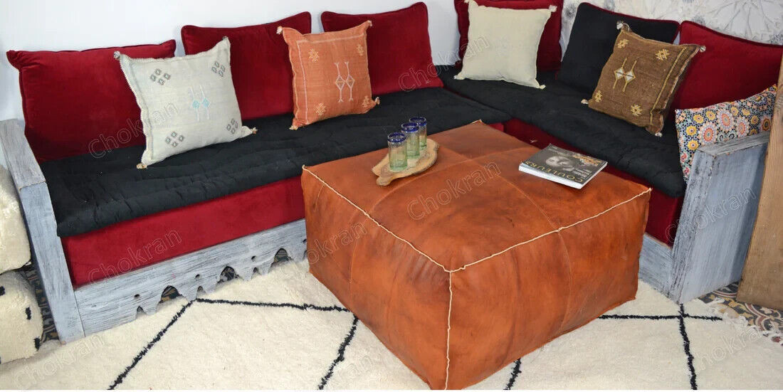 Boho Classic Handmade Unstuffed Brown New Square 30'' Amazing Leather Moroccan gallery