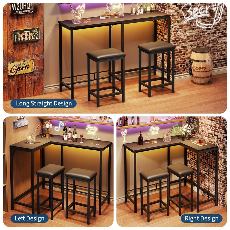 Bar Table and Chairs Set 63'' L-Shaped Bar Table with 2 Stools, Built-in Outlets gallery
