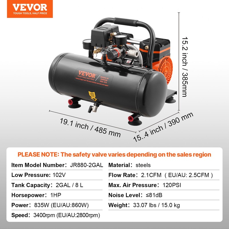 VEVOR Air Compressor Compact Portable Oil Free Compressor 2 Gallon 8bar gallery
