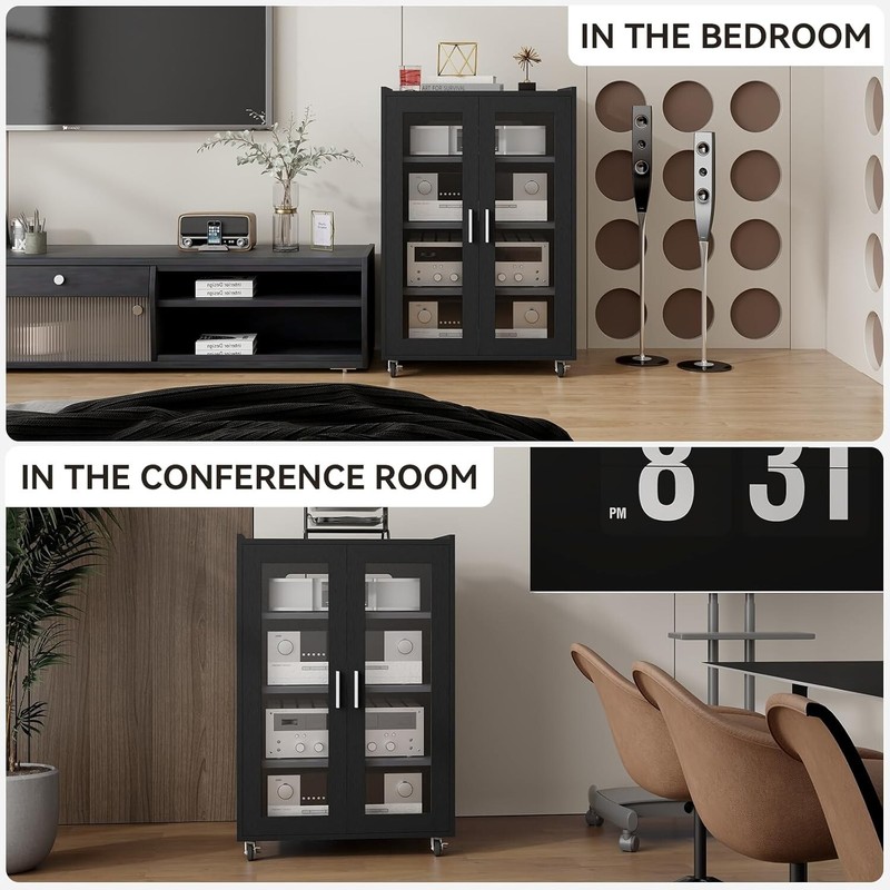 Multi-Purpose AV Storage Cabinet w/ 4 Shelves Glass Doors Brake Universal Wheels gallery