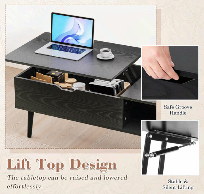OLIXIS Lift Top Coffee Table w/ Storage Shelf Hidden Compartment Black gallery