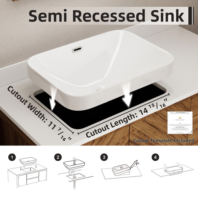 18" x 13" White Ceramic Semi Recessed Bathroom Sink, Overflow & Cutout Template gallery