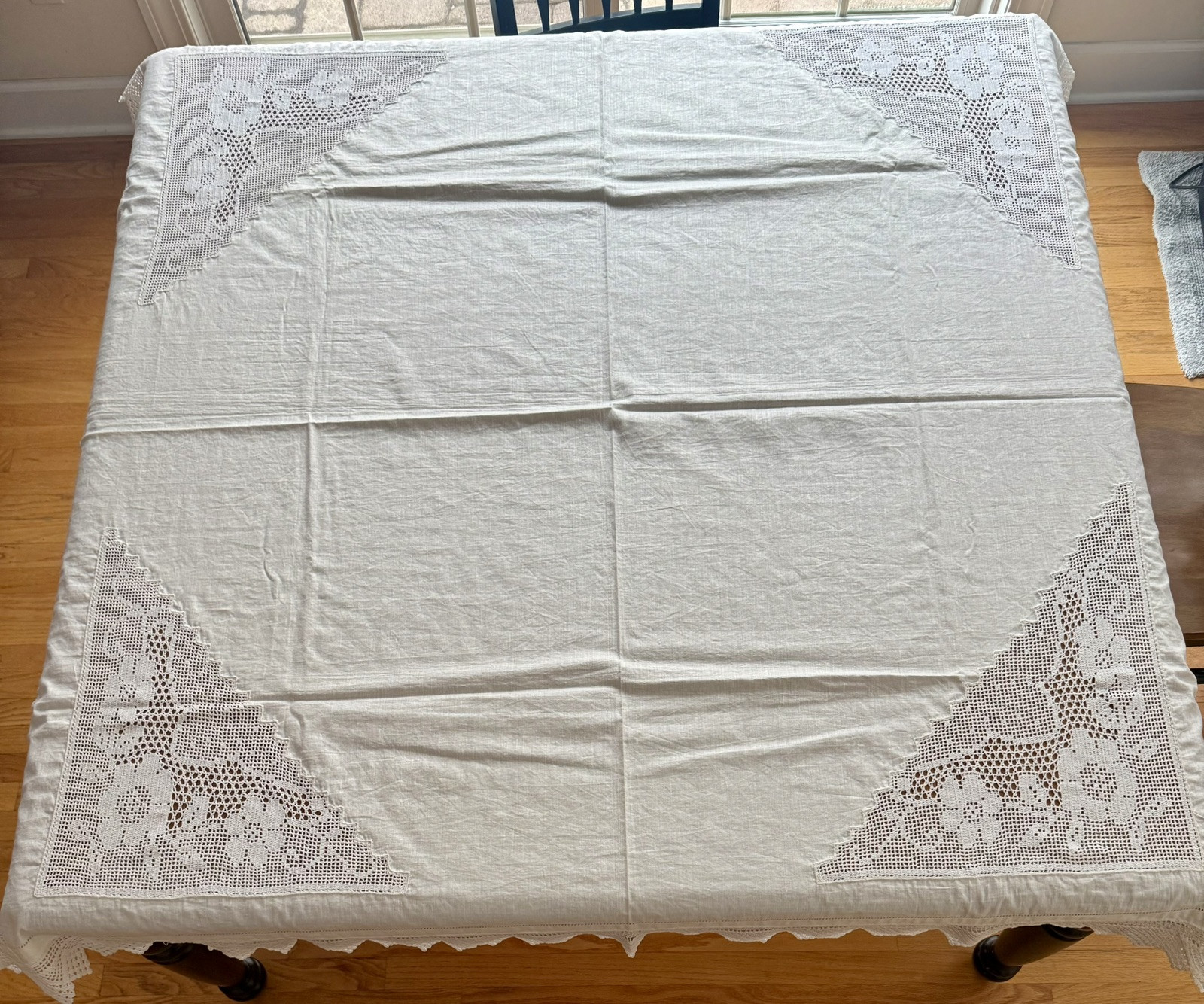Vintage Handmade Crochet Cotton Tablecloth In White 64” x 63” gallery