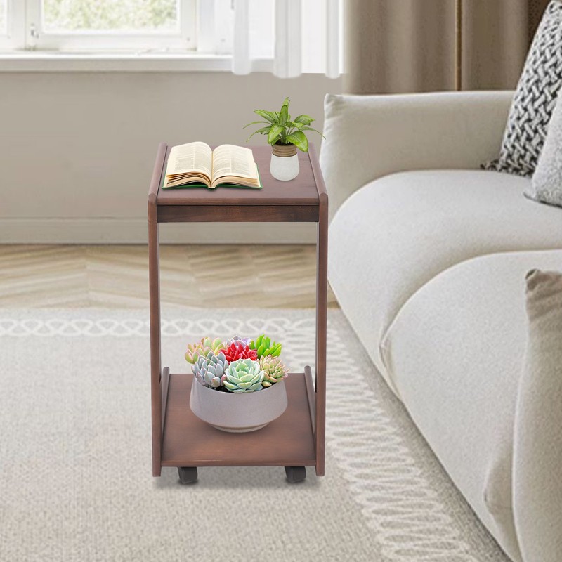 2-Tierd Solid Wood Bedside C-Shaped Side Table w/ Drawer & Lockable Wheels gallery