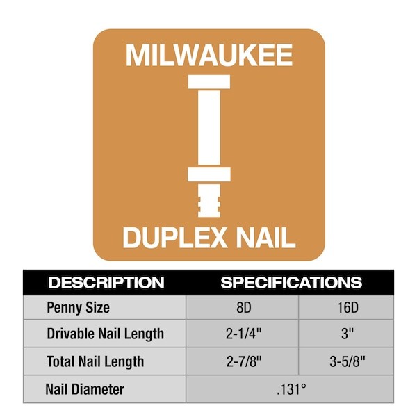 Milwaukee Tool Mdp16d-2000 Duplex Nails, 3 5/8 In L, 10 Ga, Plain, Flat Head, gallery
