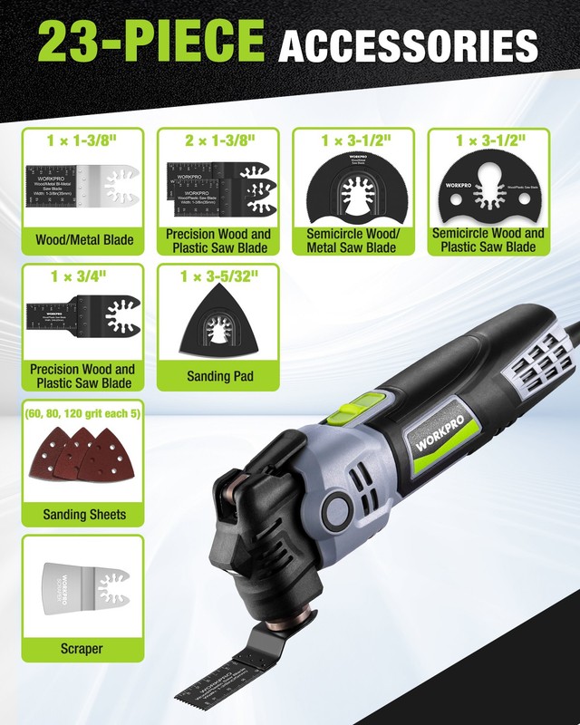 WORKPRO 400W Oscillating Multi-Tool Power Saw Adjustable 6-Speed Control gallery