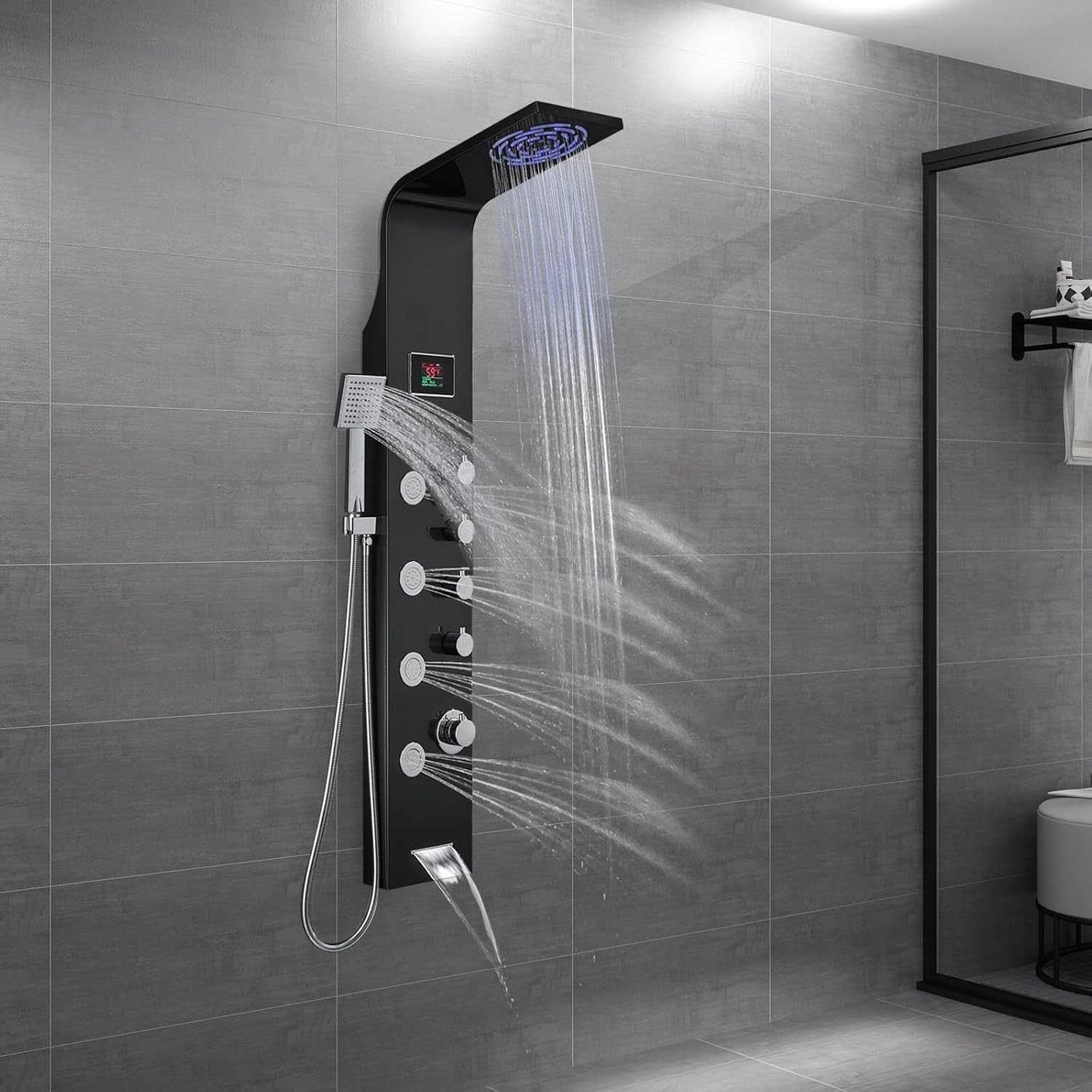 Shower Panel Tower System LED Rainfall Waterfall Shower Head w/ Body Massage Jet gallery