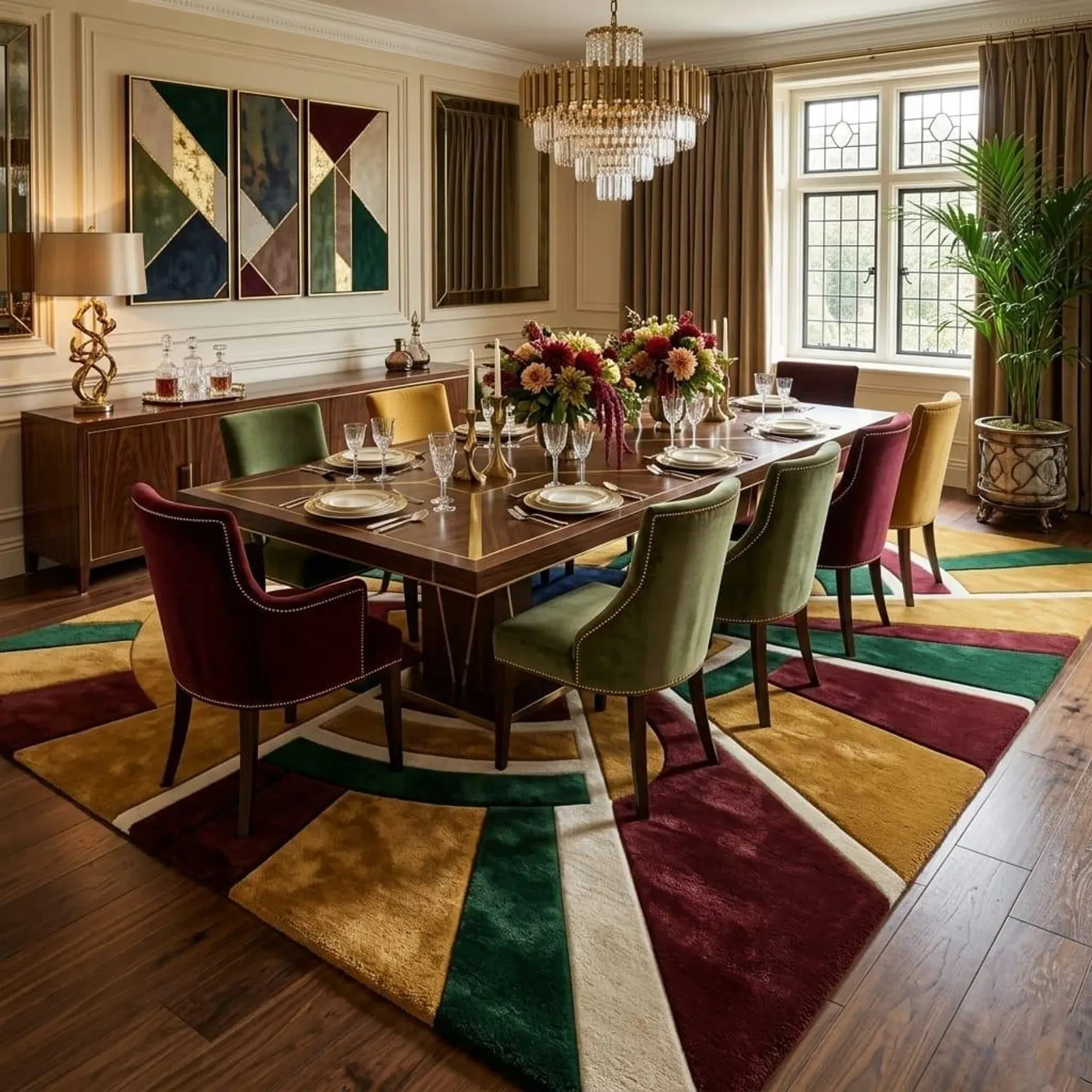 Luxury Geometric Art Deco Wool Rug Multicolor Gold Red Blue Green Living Room gallery