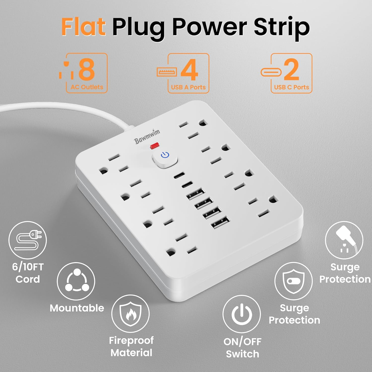 Surge Protector Power Strip - 8 Outlets(1850W/15A/14Awg) 4 USB A（2 USB C, 6FT Fl gallery