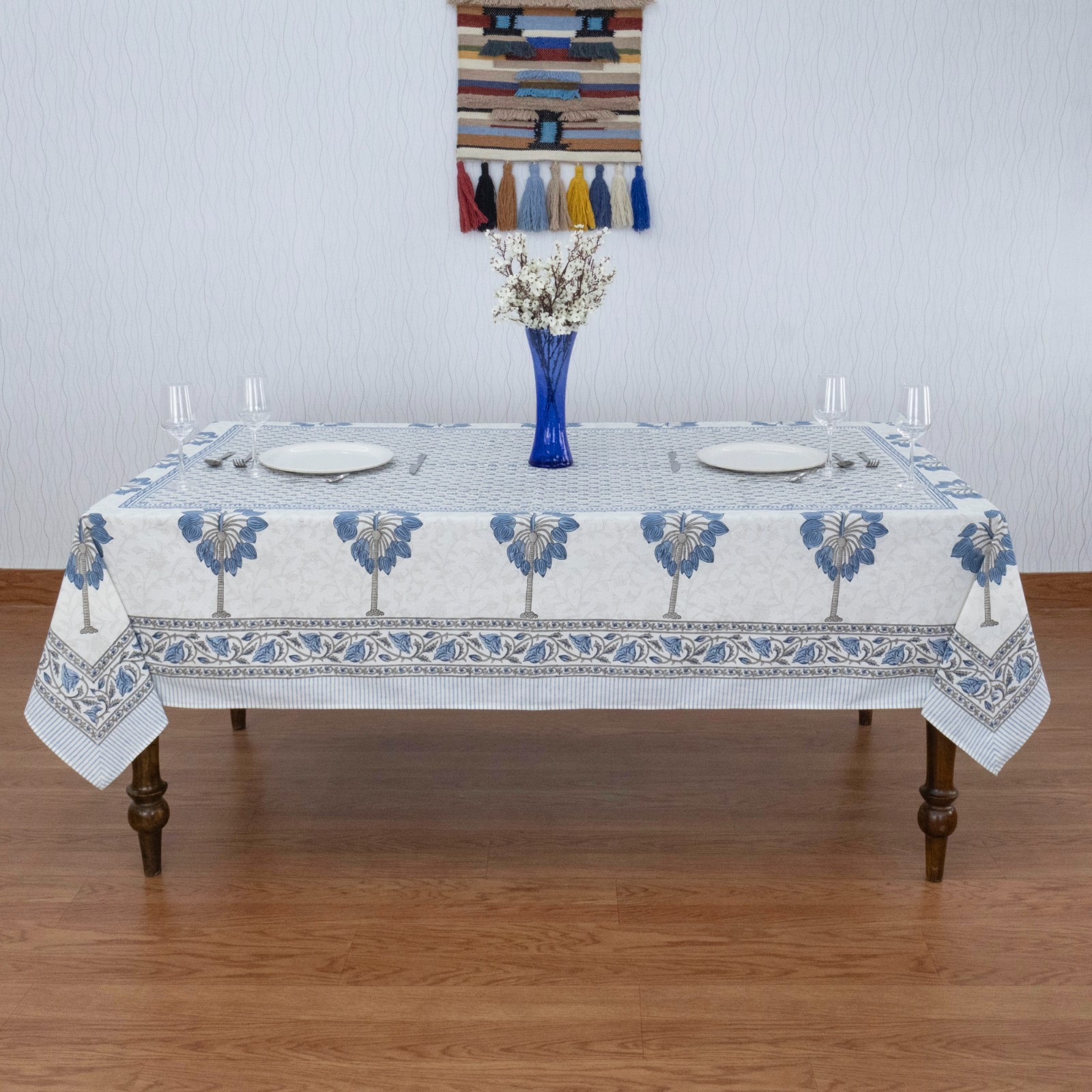 Blue and Grey Tablecloths - Hand Block Prints- Floral Dining Tablelcoths - Gifts gallery