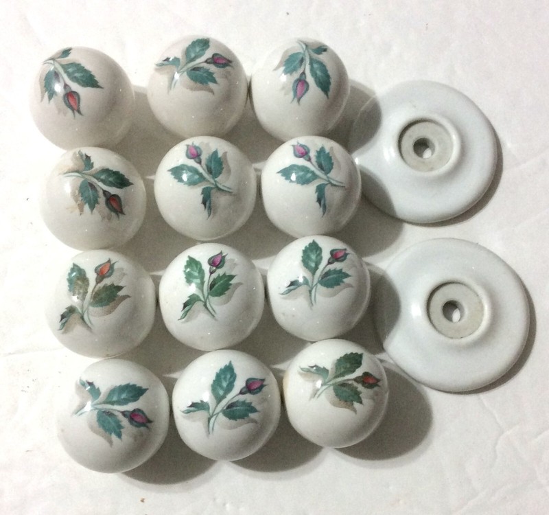 12 Round White Ceramic Drawer Pull Knobs - Rose Bud Design Plus Misc Pieces gallery