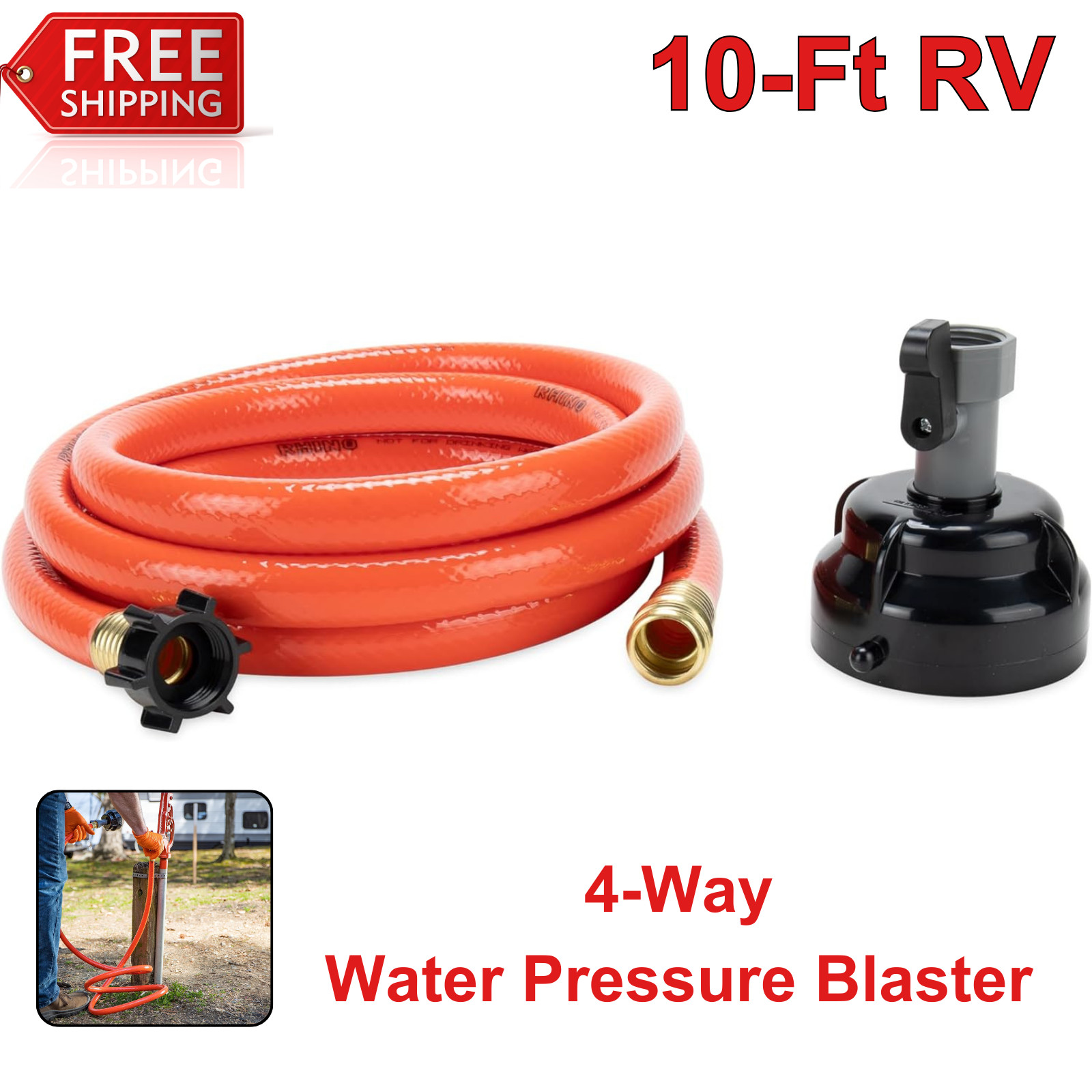 22999 10Ft RV Clean-Out Gray/Black Water Hose with Rinser Cap, Features 4-Way gallery