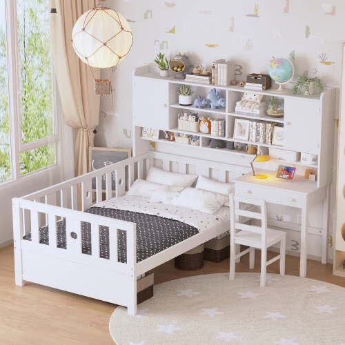 Multifunctional Wood Platform Bed Frames with Desk and Chair Storage Bookshelves gallery